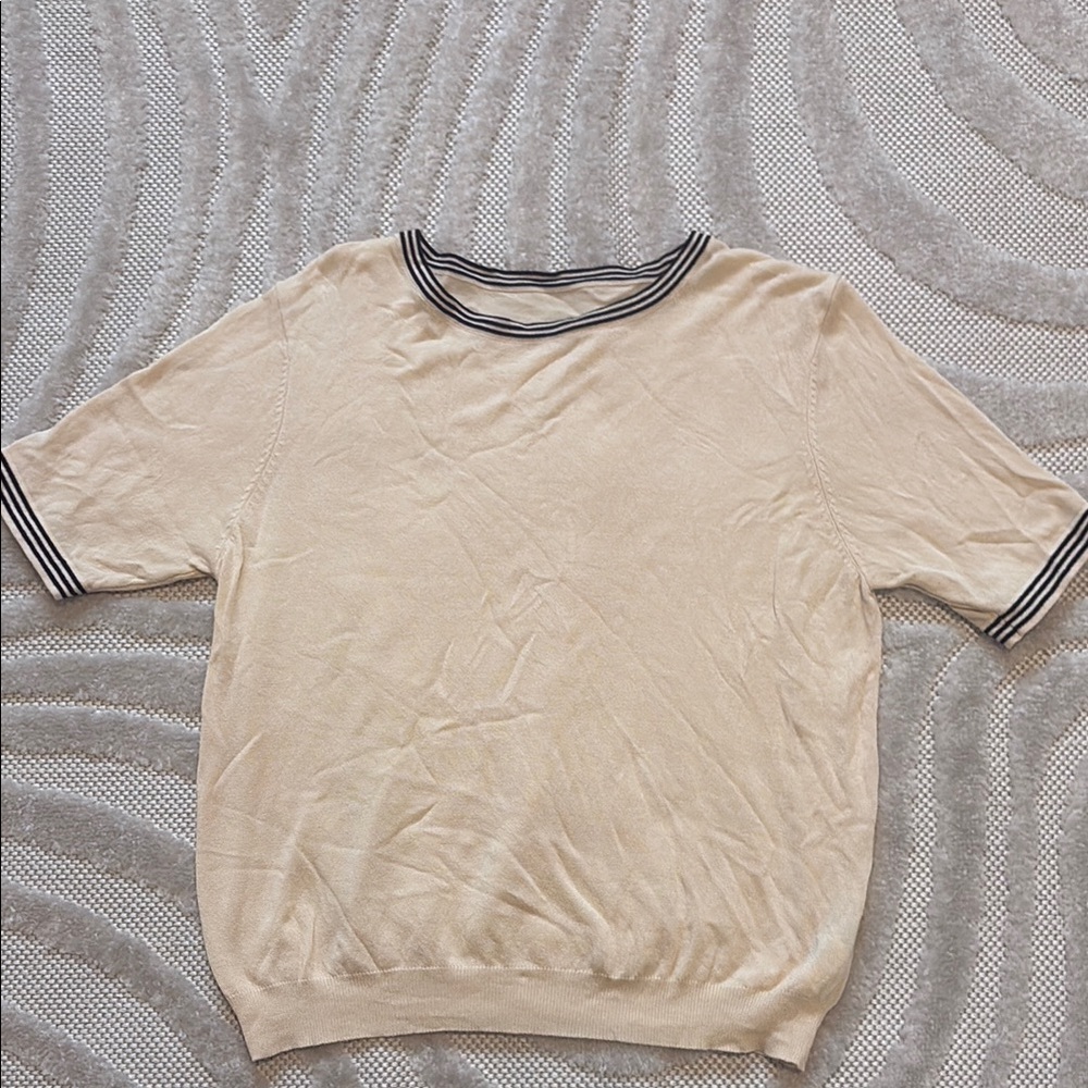Cream Short Sleeve Top with Striped Trim